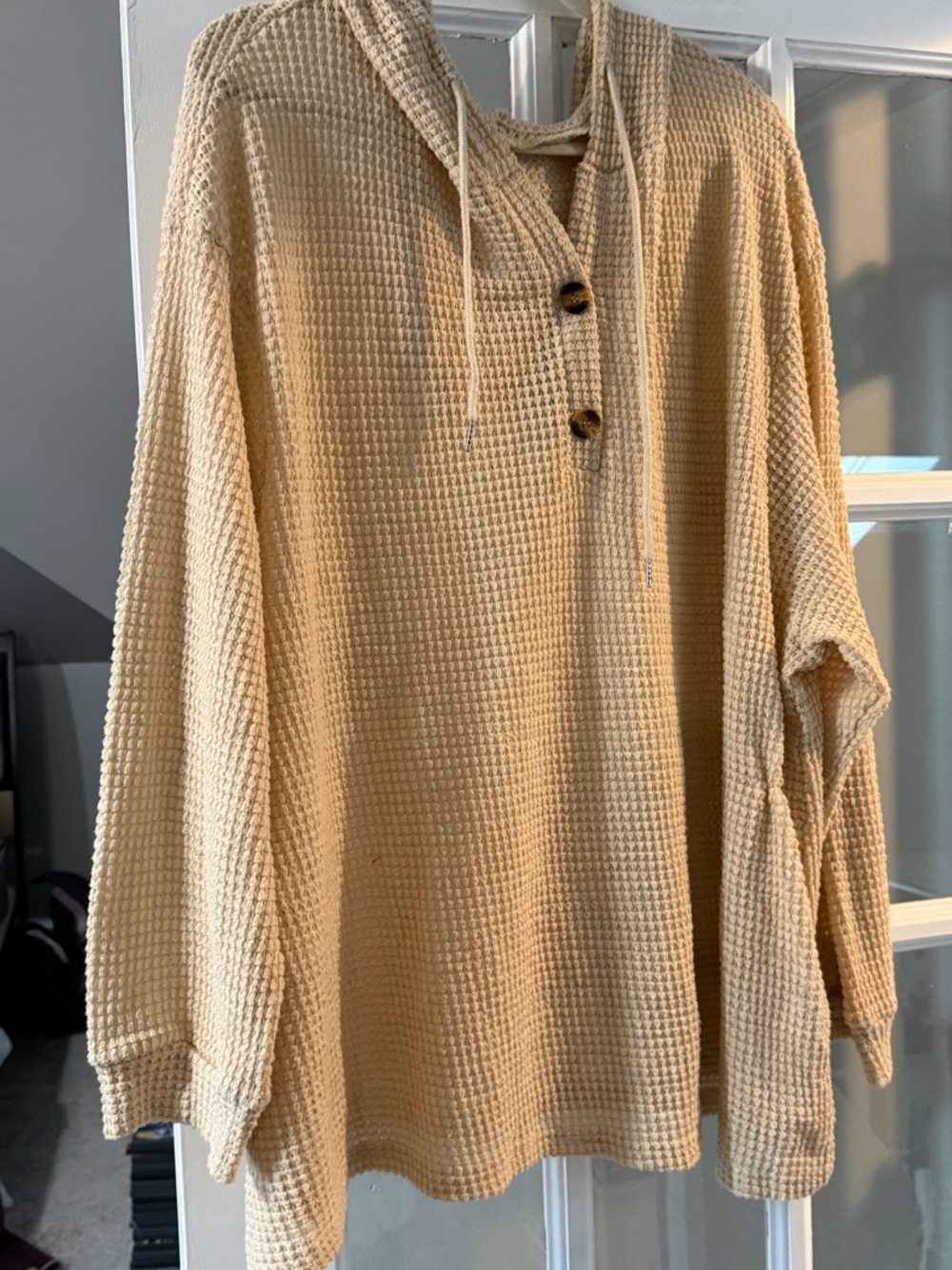 Cozy Waffle Knit Hooded Pullover - Cream